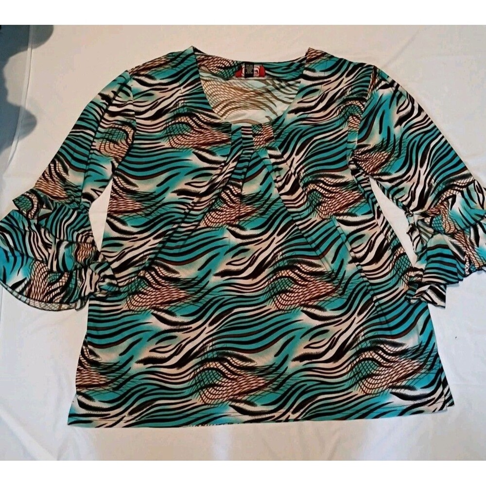 C Krave Wm Sz 3X Plus Blouse Top Turquoise Black Brown Knit Stretch 3/4 Sleeves